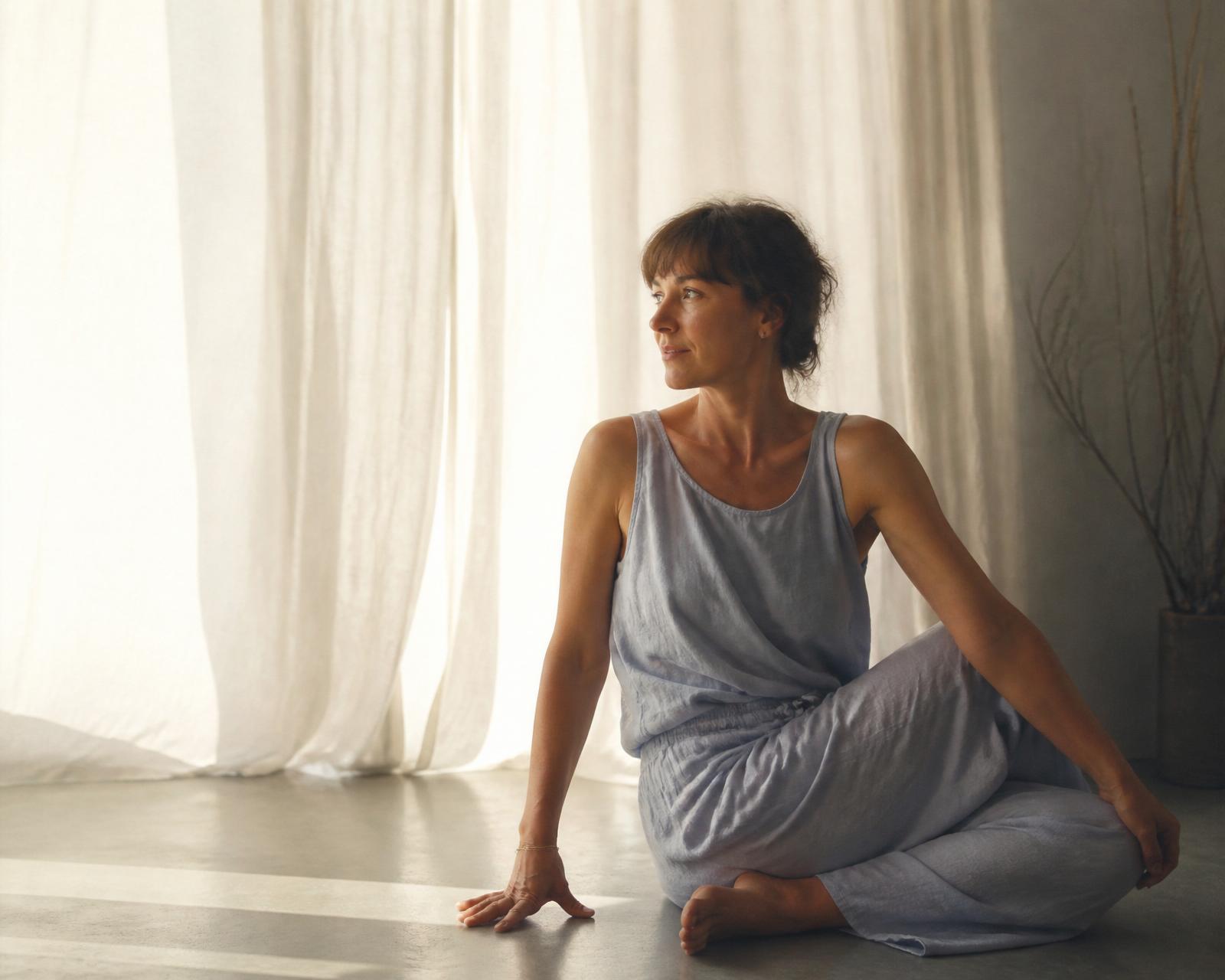 A woman seated in a quiet sunlit room